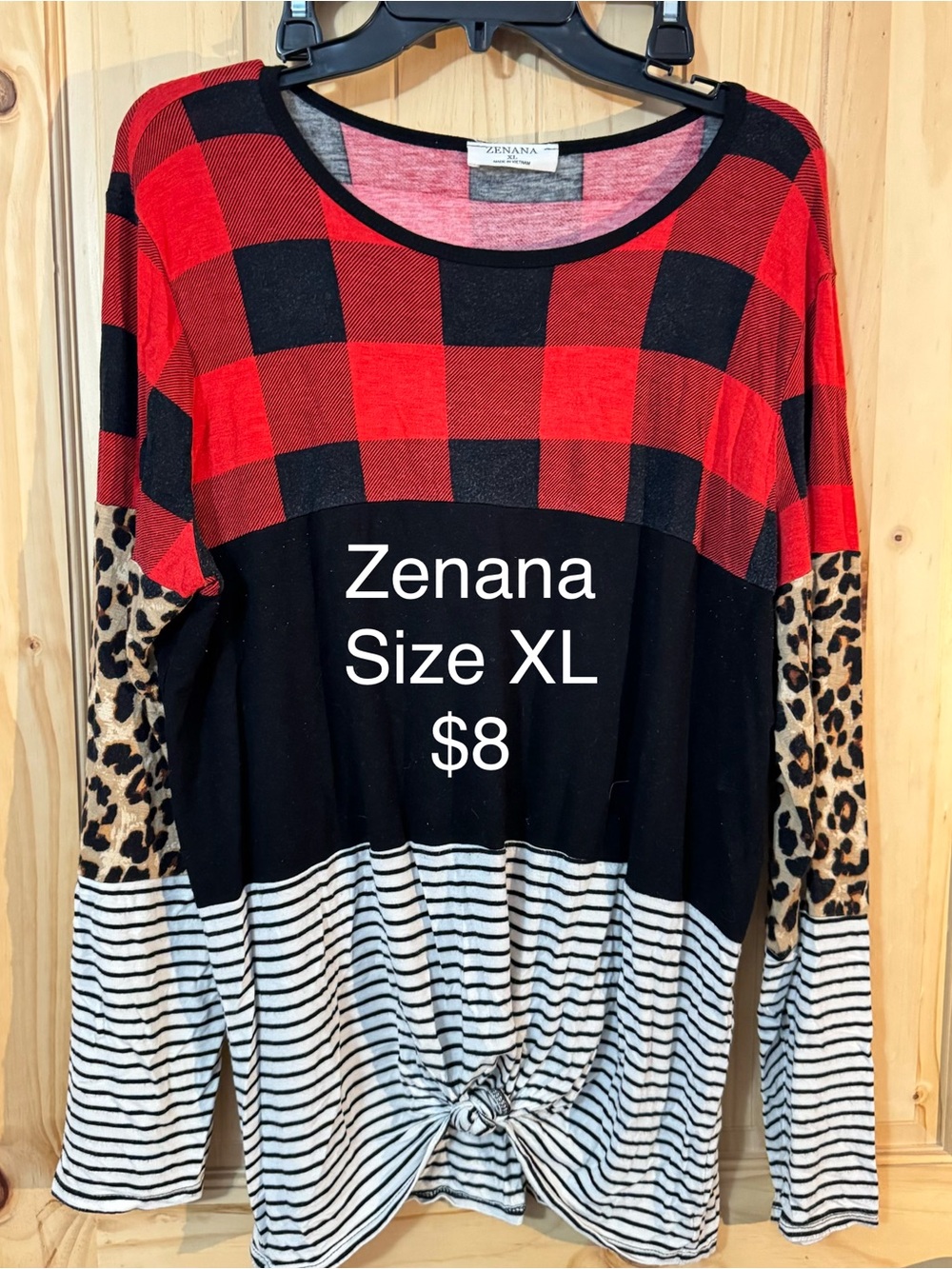 Zenana Outfitters Red Buffalo Plaid, Black & Leopard Mixed-Print Long Sleeve Top